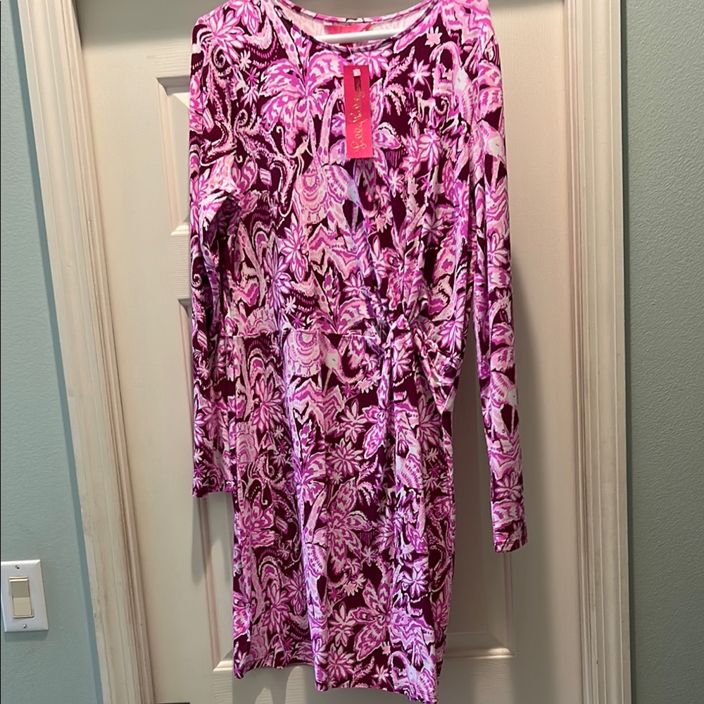 NWT Lilly Pulitzer Pinks/Purple Crew Neck Dress w/Ruching Detail at Waist